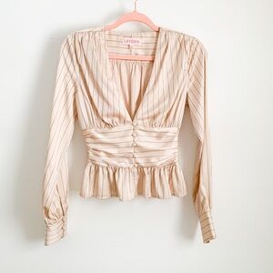 Leyden Champagne Black Stripe Deep V neck Long Sleeve Satin Top XS